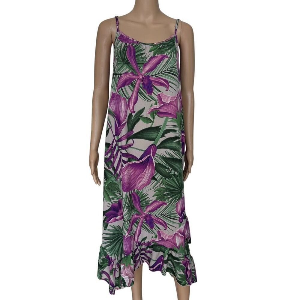 Oddi sleeveless tropical floral midi dress ruffle hem size M